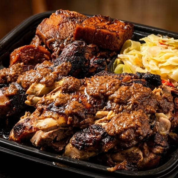A takeout container filled with jerk chicken, sweet potatoes, and sautéed cabbage.