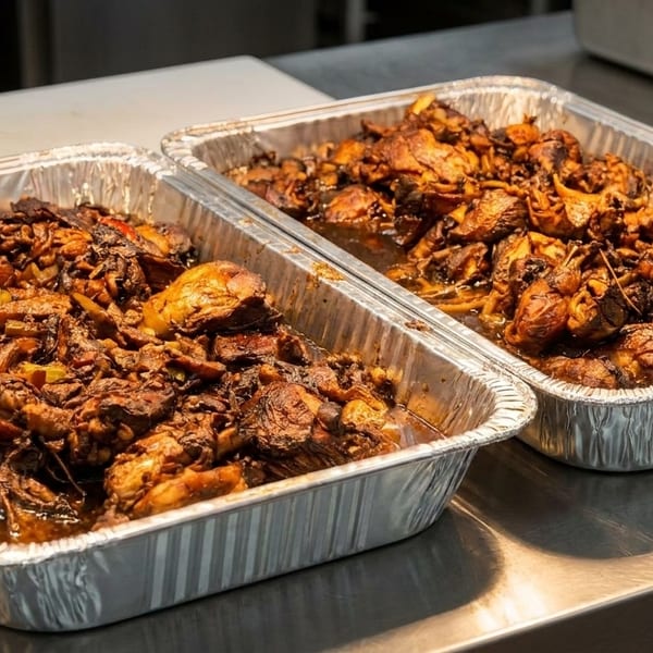 Two large aluminum trays filled with dark, saucy jerk chicken and vegetables on a metal counter.